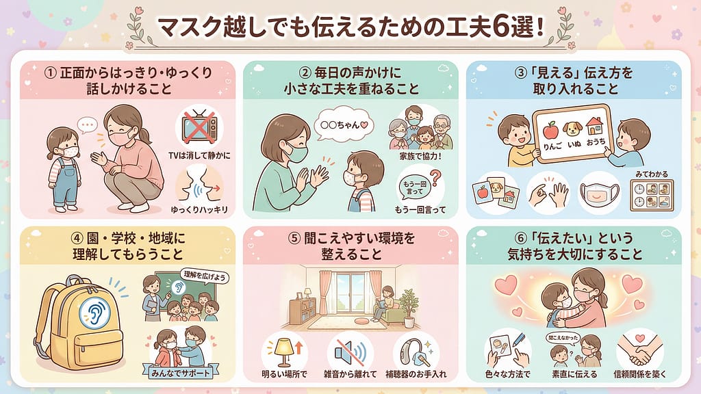 マスク越しでも伝えるための工夫6選の解説イラスト