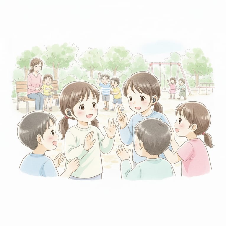 聞こえる子たちの中で一緒に遊ぶ難聴の子