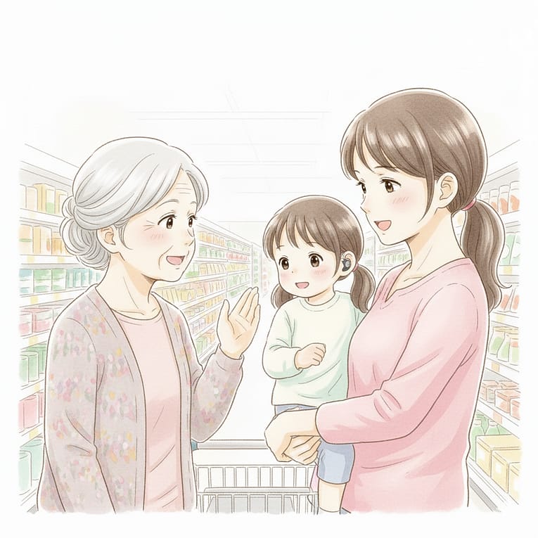 スーパーで年配の女性に話しかけられている様子