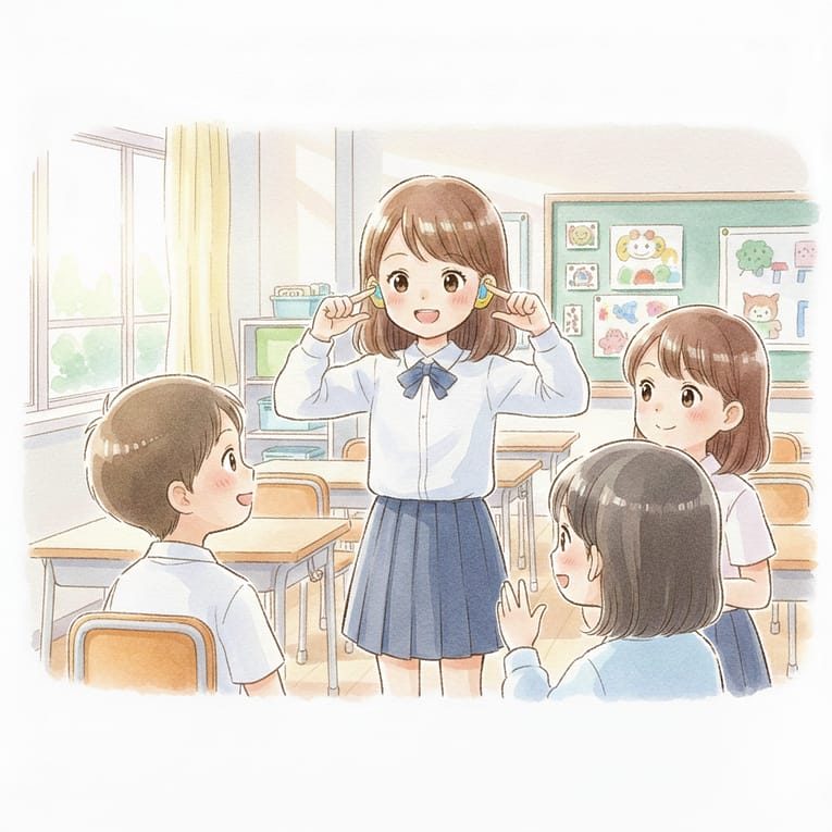 補聴器を着けて周りの子どもたちとコミュニケーションをとる女の子