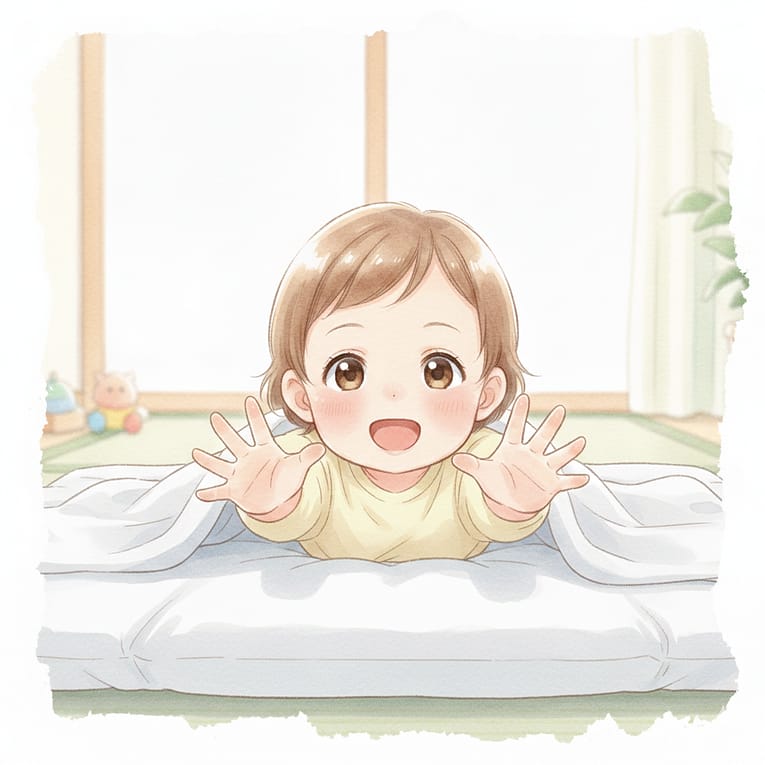 にっこりとこちらに手を伸ばす赤ちゃんの様子