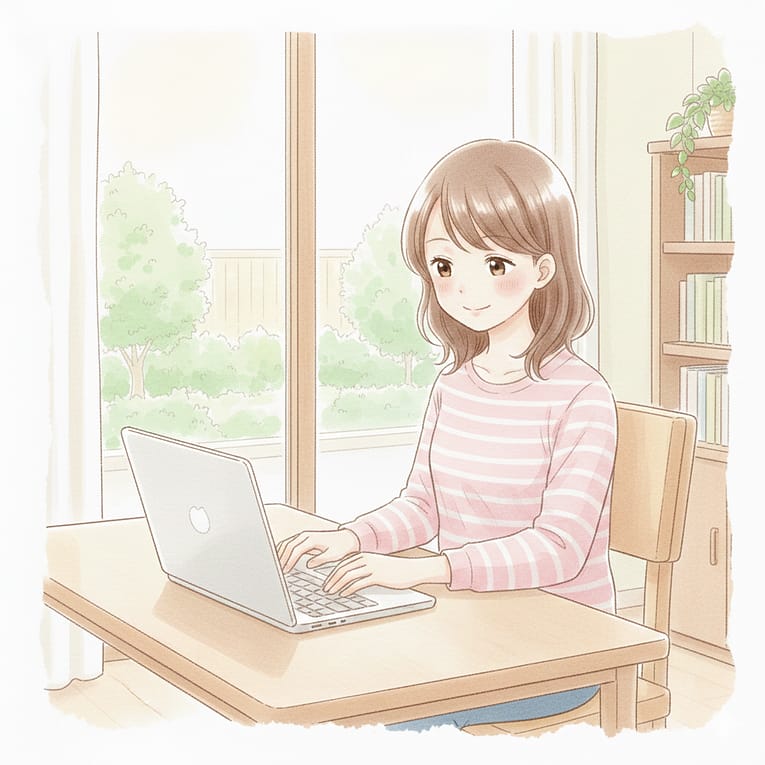 笑顔でブログ執筆作業をする母親の様子